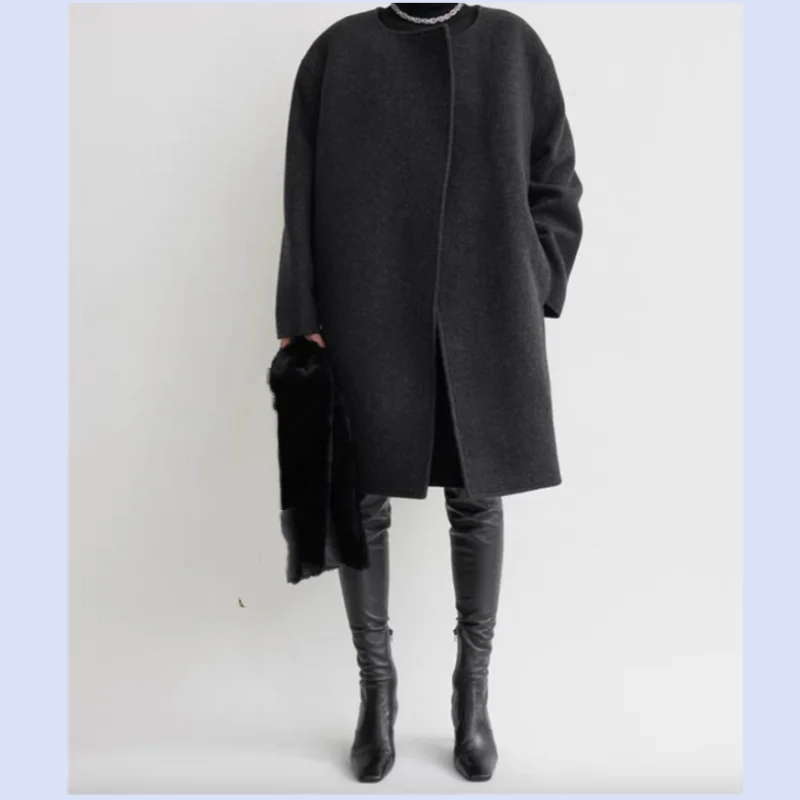 25 year old foreign trade new style linen gray shoulder slimming loose straight tube collarless double-sided wool coat jacket