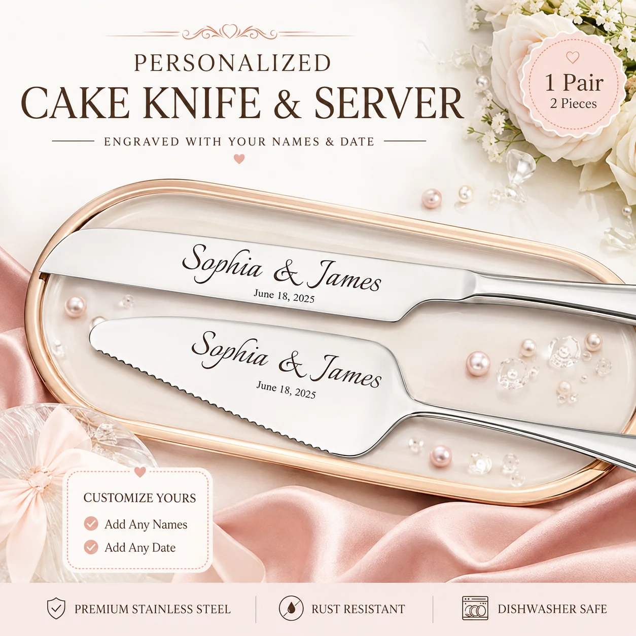 1 Pair of Custom-Made Unique Stainless Steel Cake Cutlery Sets, with Personalized Names and Dates, Suitable for Weddings, Birthdays, Anniversaries, Graduation Ceremonies, Bachelor Parties, Wedding Gifts, Thanksgiving, Father's Day, Mother's Day, and Christmas
