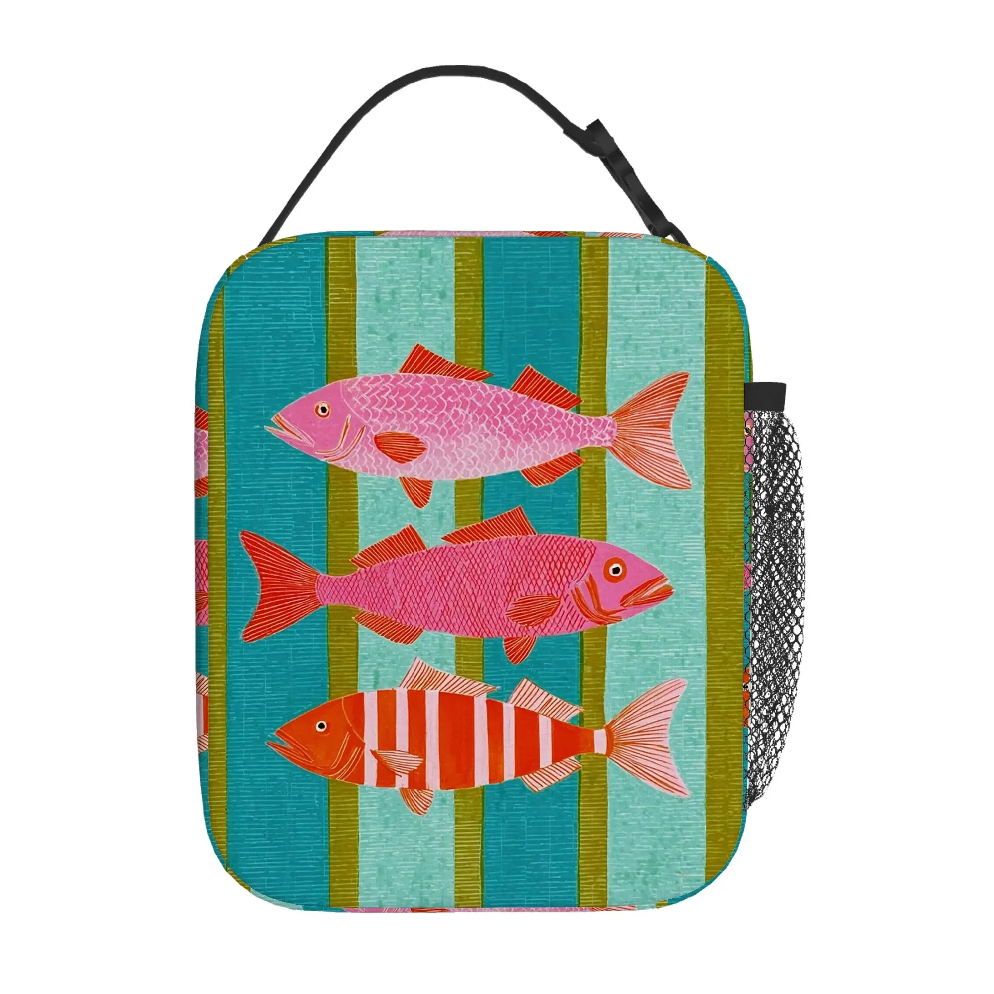 1pc a Thermal Bag Featuring a Colorful Fish Design on a Striped Background. This Insulated Bag Is Not Intended for Direct Food C