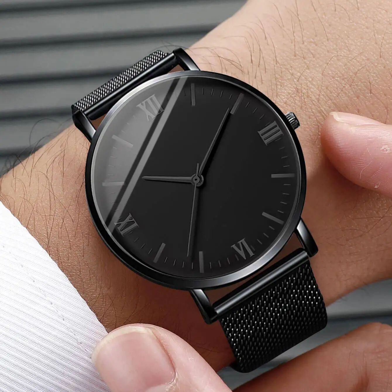 2PCS/Set Men's Business Watches Fashion Roma Dial Mesh Band Quartz Watch Bracelet Set Reloj Hombre