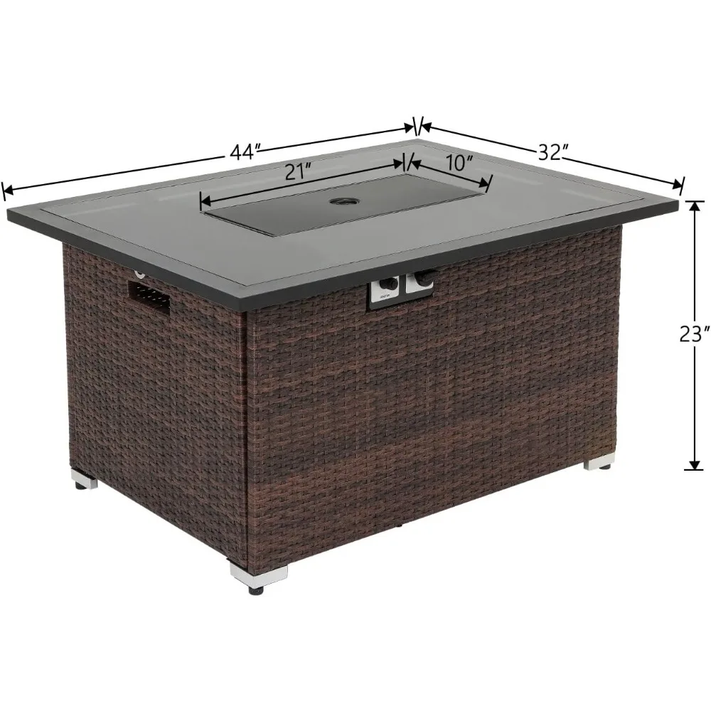 44X32 inch Fire Pit Table, 40,000 BTU Stainless Steel Burner, Free Fires Glass, Waterproof Cover, Propane Wicker Fire Pit