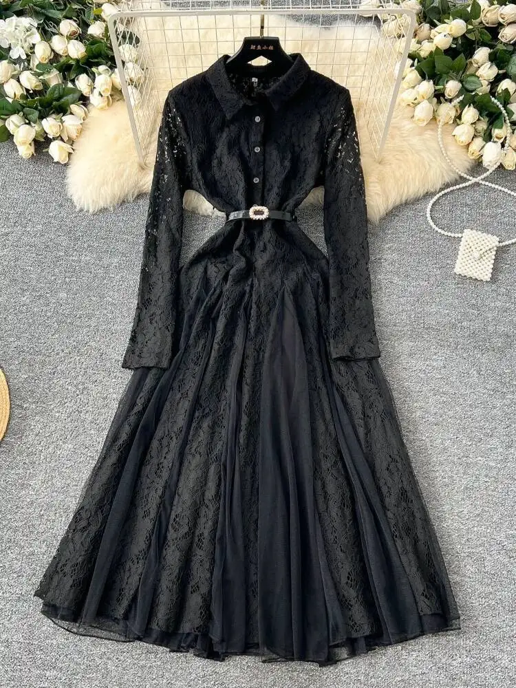Frauen Französisch Vintage Elegante Kleid Herbst Winter Häkeln Spitze Patchwork Mesh Unregelmäßige Lange Kleider Damen Hemd Lange Robe
