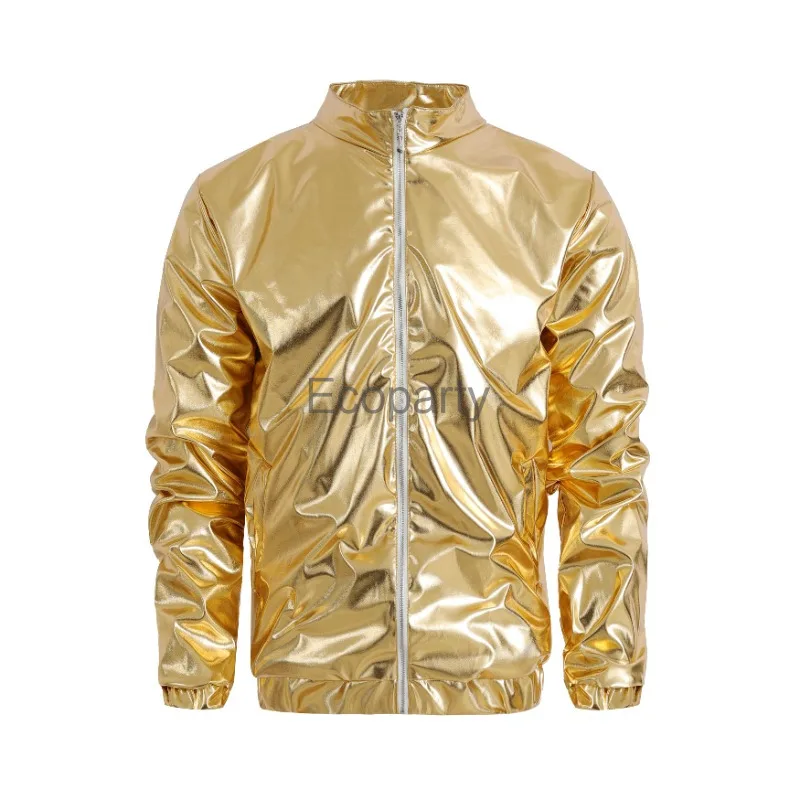 Men's Fashion Metallic Windbreaker Jackets Shiny Gold Glitter Zipper Coat Male Hip Hop Dance Performance Harajuku Jacket