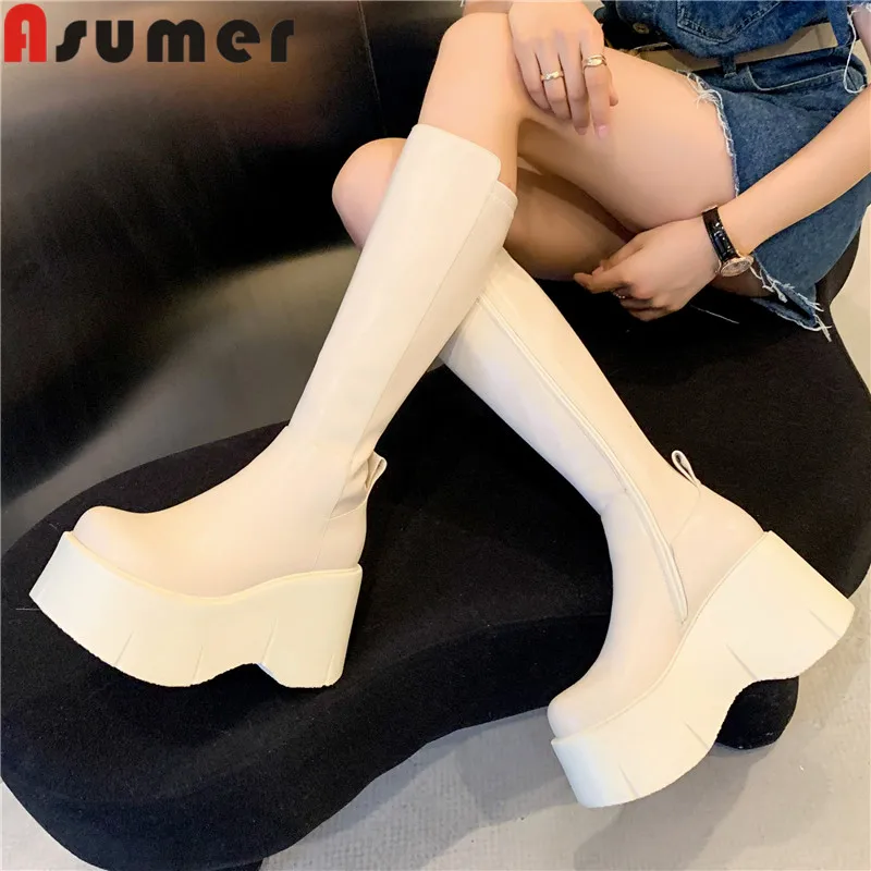 ASUMER 2024 New Zipper Wedges High Heels Shoes Solid Genuine Leather Boots Woman Winter Ladies Knee High Boots