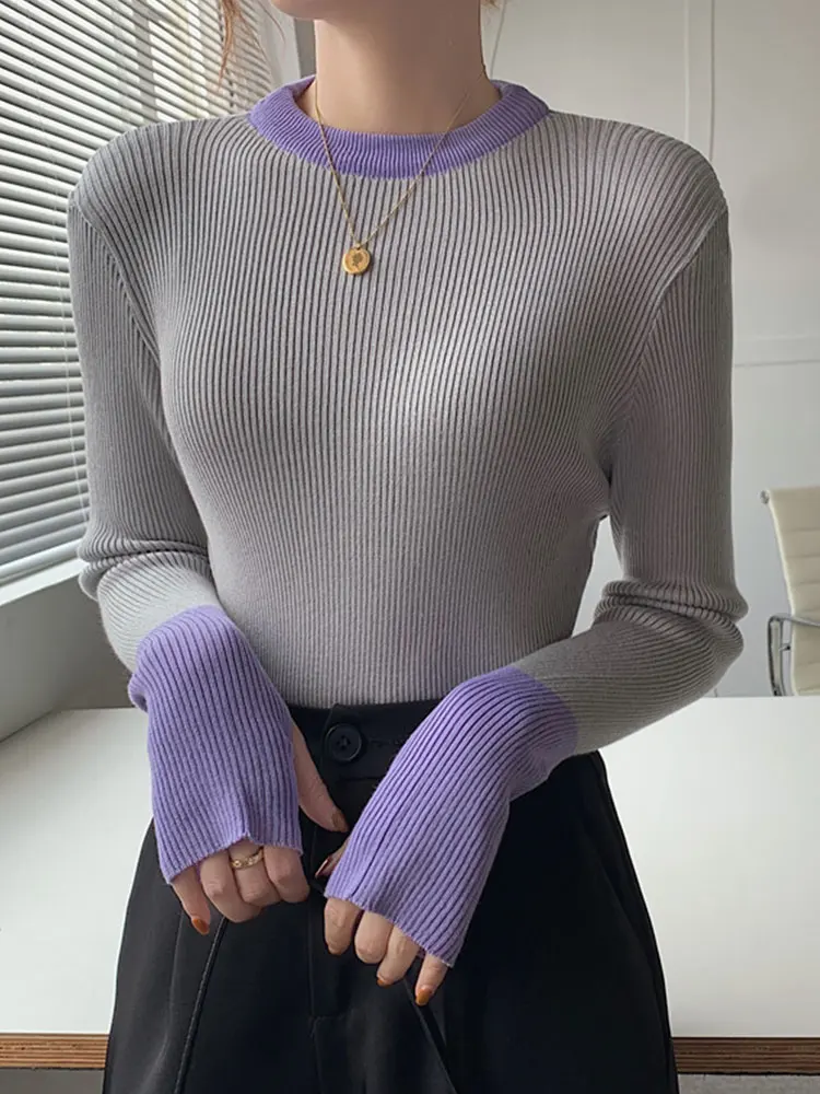 Damskie swetry dziergane jesienno-zimowa Patchwork Vintage sweter Femme wokół szyi wąski sweter Mujer 2022 Basi z długim rękawem Top