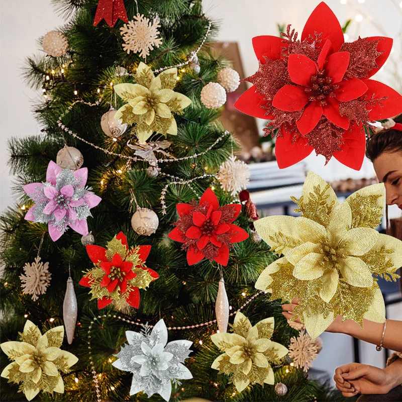 5 stücke 14cm Glitzer künstliche Weihnachts blumen Ornamente Weihnachts baum Dekoration gefälschte Blumen für Wohnkultur Navidad Neujahrs geschenke