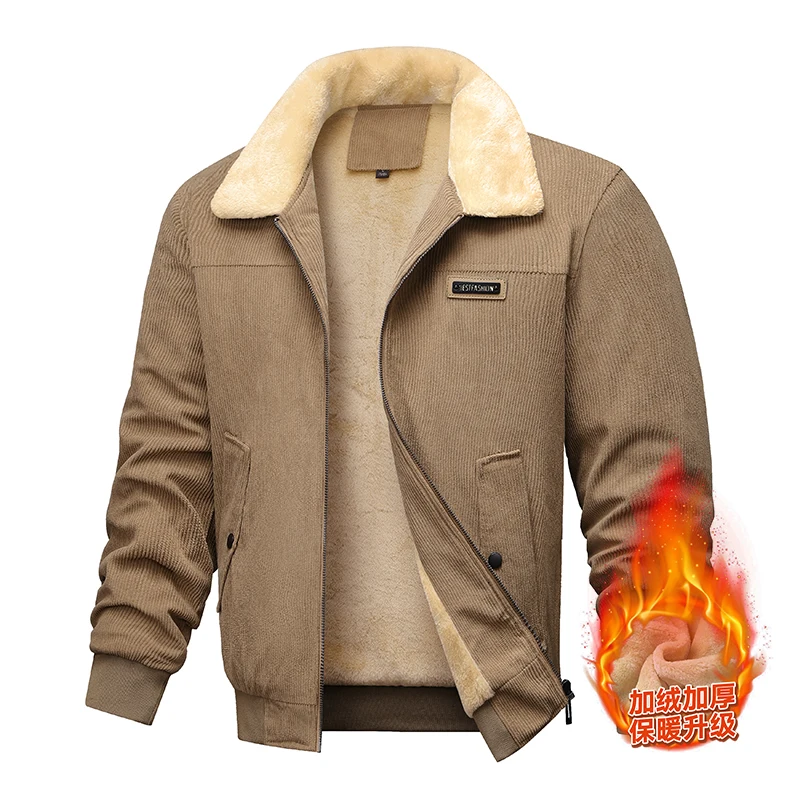 

Мужская винтажная вельветовая куртка на флисовой подкладке, меховой воротник и фирменная нашивка, стильная для повседневной носки, для уличного использования в стиле милитари