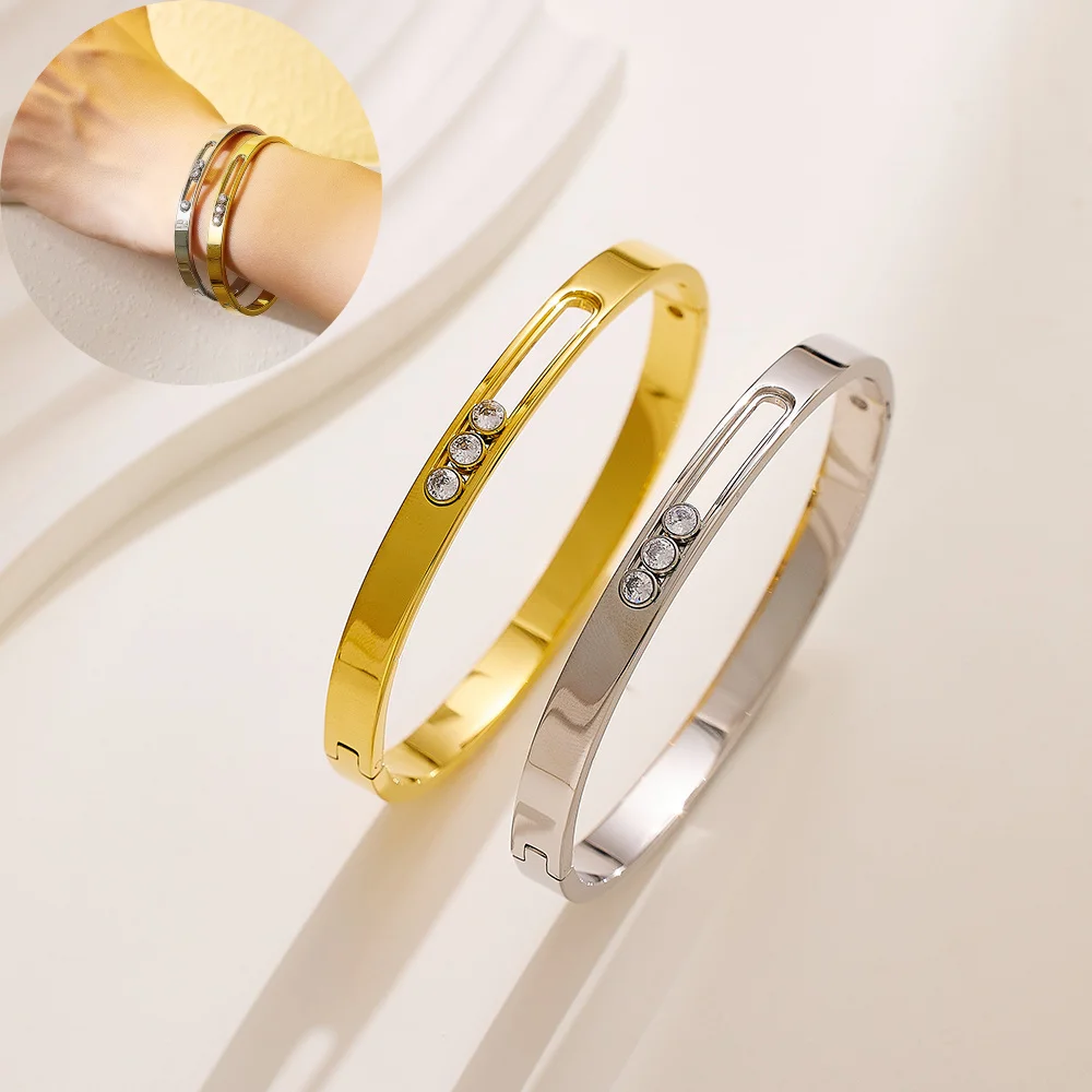 

Mirror Polished Titanium Steel Bracelet with Moving Crystal 18K Gold Plated Waterproof Cuff Bangle Jewelry for Women Girls Gift