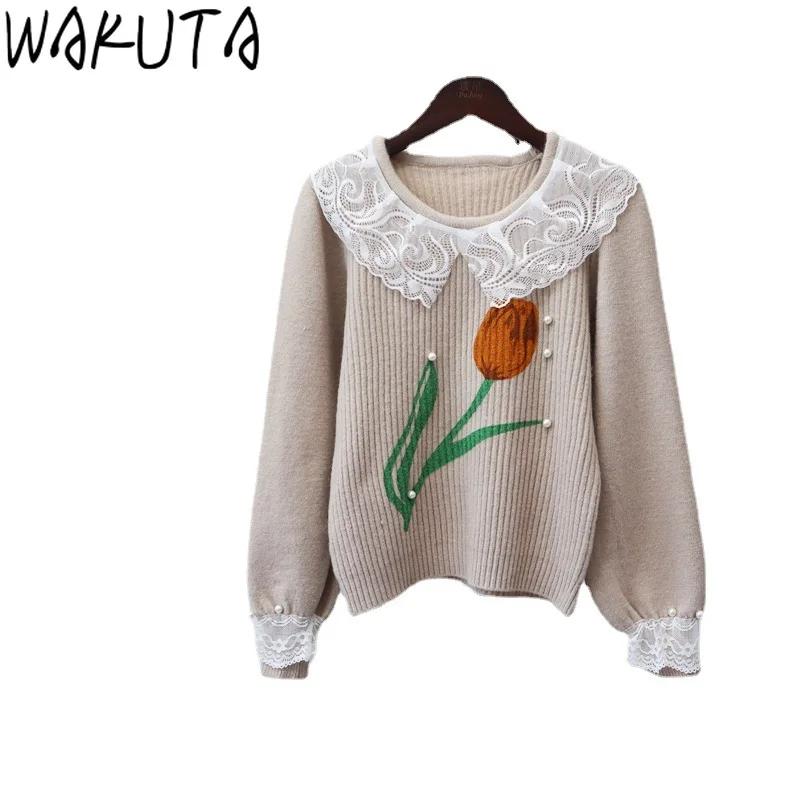 WAKUTA-suéteres florales sueltos para Mujer, Tops cortos con bordado de malla de encaje de retales, Tops coreanos de punto dulce, nuevo, otoño e invierno, 2024