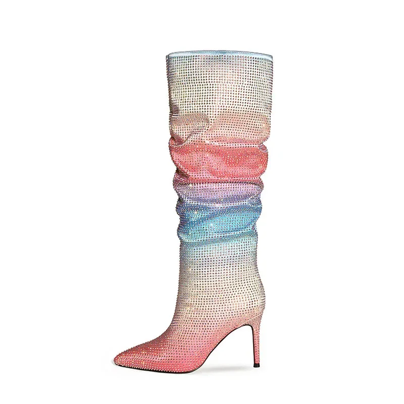 Rainbow Gradient Rhinestone Pile Boots Style Pointed Splicing Sleeve Pleated Ultra-High Heels Fashion Boots Oversized