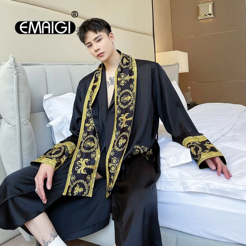 Men\'s Spring Long Jacket Male Satin Nightgown Windbreaker Trench Coat Streetwear Korean Style Vintage Long Cardigan Jackets Man