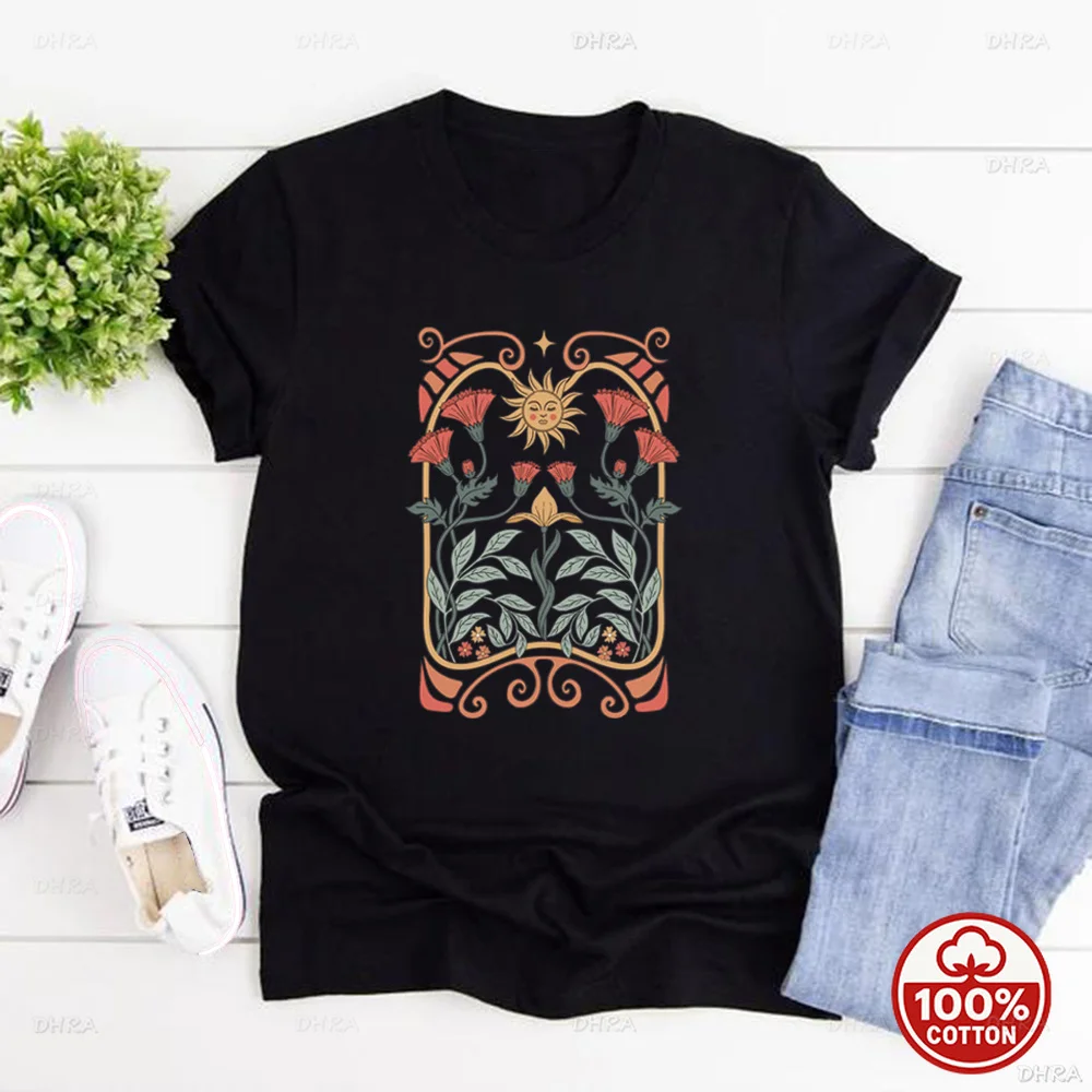 Boho Celestial Sun and Wildflowers T-Shirt, Art Nouveau Floral Nature Graphic Tee, Vintage Mystical Casual Top for Women