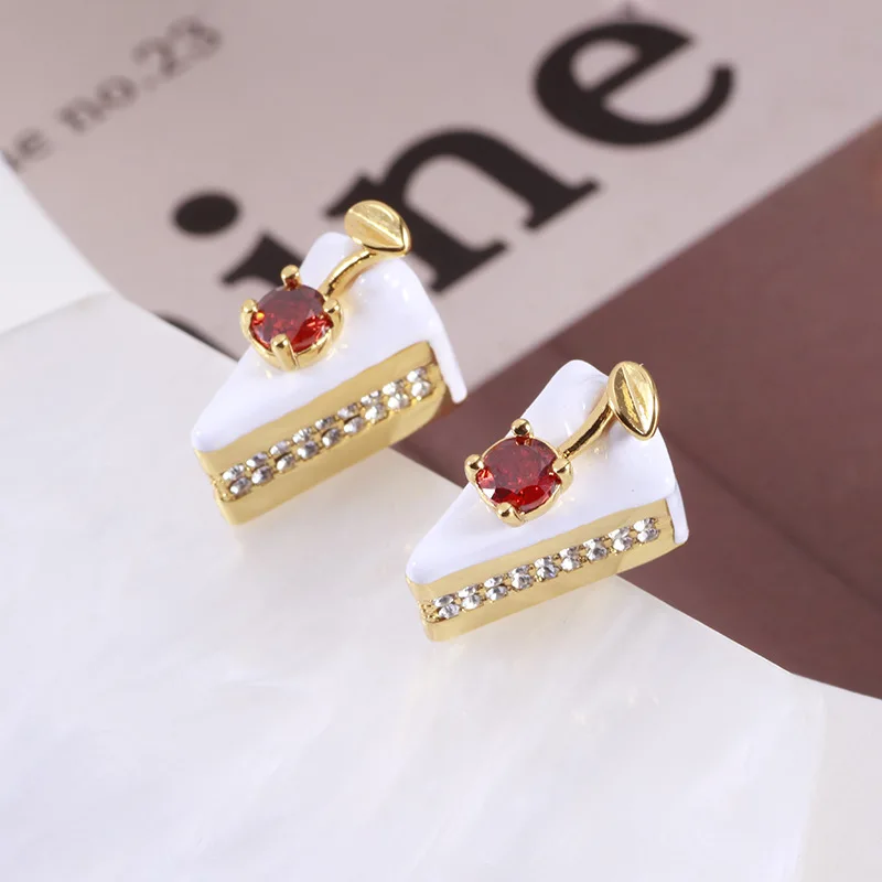 European American Jewelry Wholesale Enamel Glaze Sweet Lovely Little Cherry Triangle Mousse Cake Creative Temperament Earrings