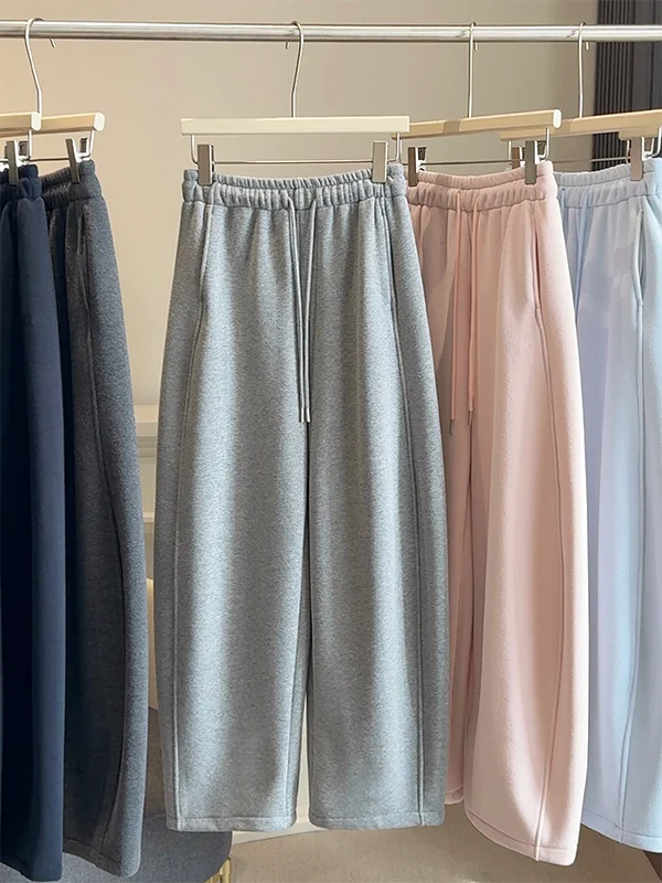 

Утепленные спортивные брюки на флисовой подкладке для женщин, зимние свободные брюки с широкими штанинами, повседневные длинные брюки в корейском стиле с высокой талией и эластичным поясом