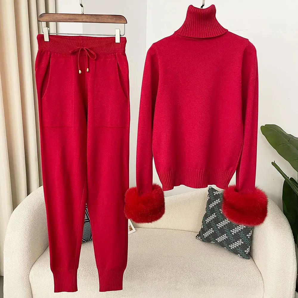 Długie spodnie Zestaw Kurtka Sweter 2024 Nowa moda Jesień Zima Sweter z dzianiny Kobiety Gruby Ciepły Prawdziwe futro lisa Płaszcz damski