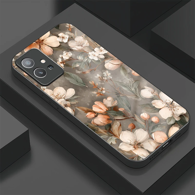 

Чехол для телефона Vivo Y50 Y39 Y36 Y35 Plus Y33 Y33S Y55 5G Y53S Y52T Y52 Y51A Y51 Fashion Flowers Floral Pattern Glass Cover
