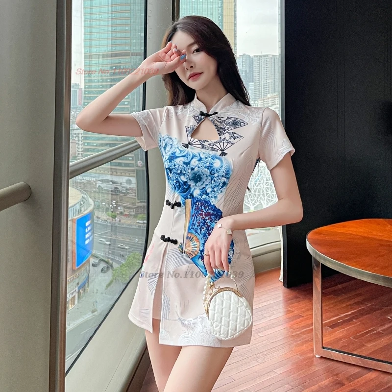 2024 chinese improved qipao national cheongsam dress flower print qipao dress+shorts set hotel spa work dress nightclub qipao