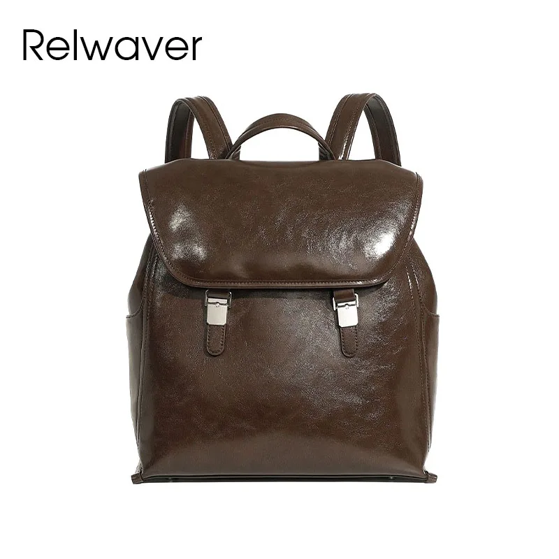 

Relwaver waxy cowhide women backpack fashion backpack black coffee daily women bag travel small daily double shoulder backpack