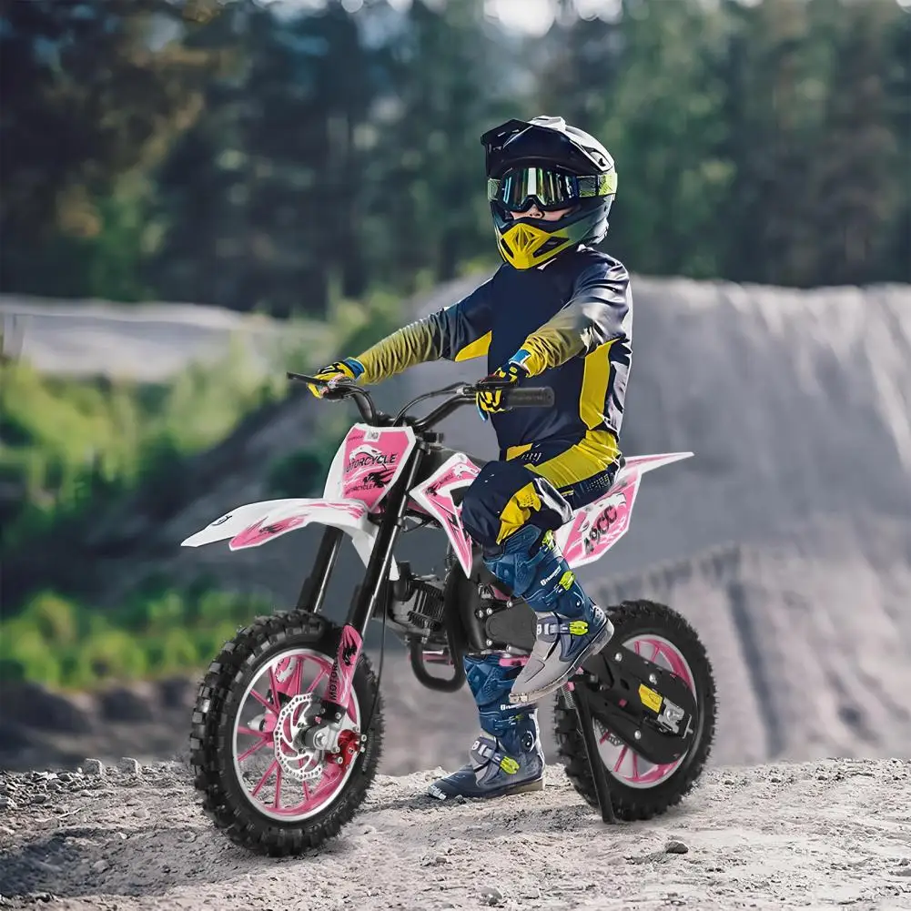 

Kids Gas Motorcycle, Ergonomic Handle 49cc 2-Stroke Kids Dirt Bike, Front Rear Disc Brakes Gas Power Mini Off-road Motorcycle