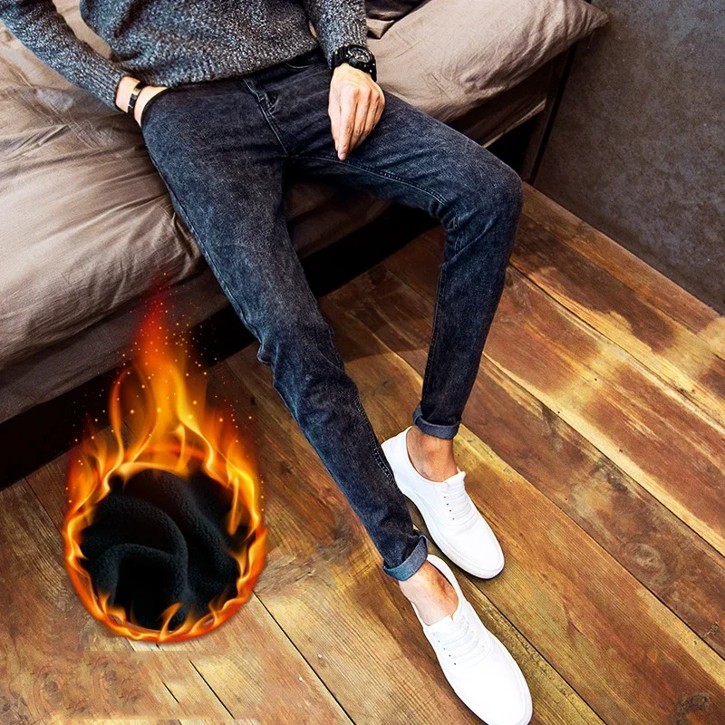 New arrival 2024 autumn winter Casual thicken thermal Fleece men's add wool Denim teenagers pencil pants hot men's jeans