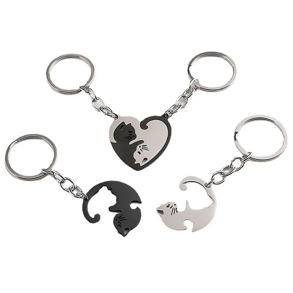 1 Pair New Black Cat Couples Keychain Patchwork Hanging Car Key Ring Heart Stainless Steel Lovers Key Chain