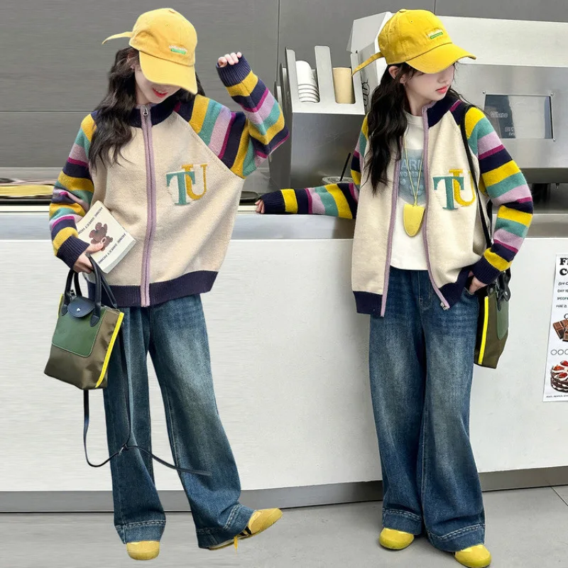 High Fashion Kids Autumn Cardigan with Zipper for Tween Girls Street Sweater Knitted Clothing Elegant Children Trendy Knitwear