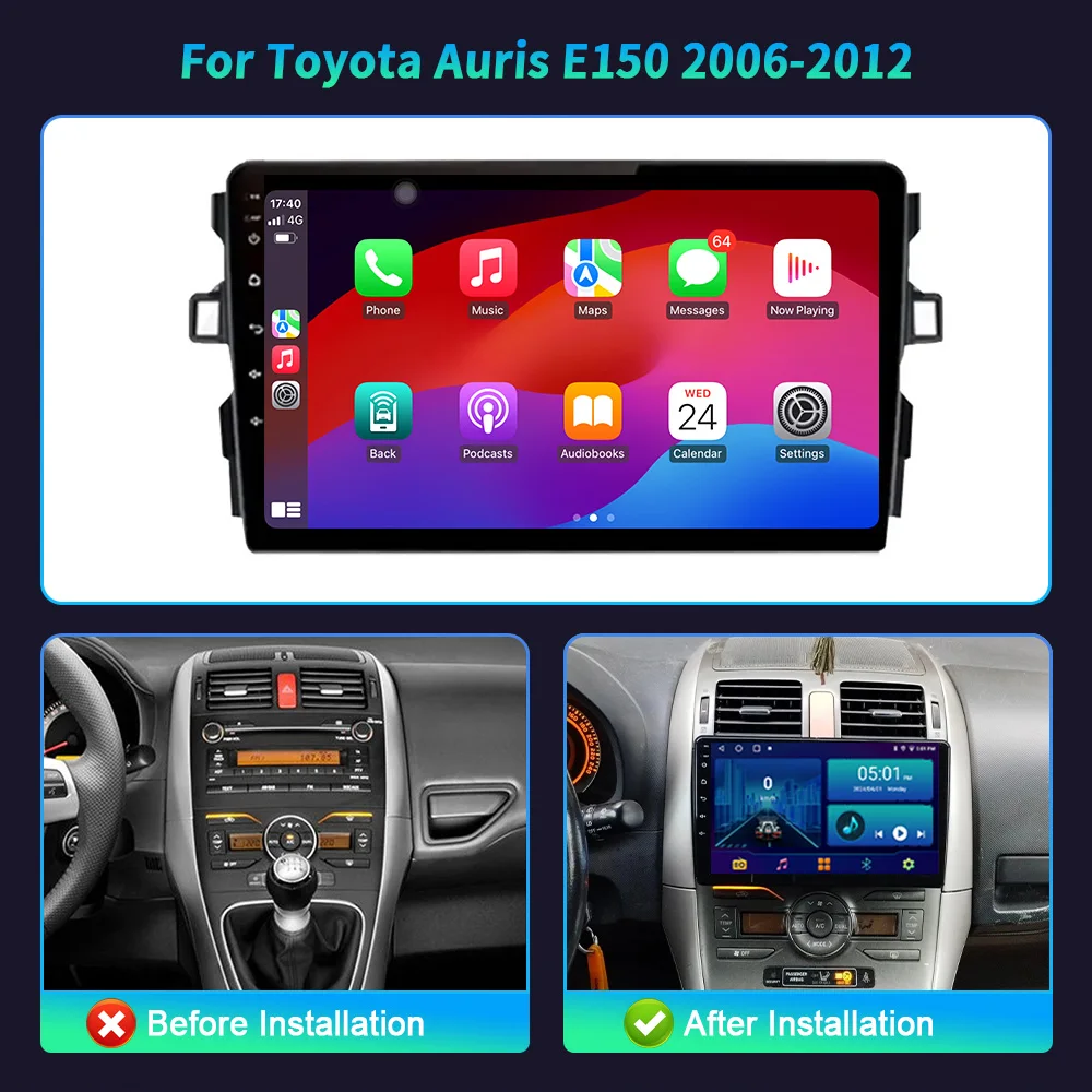 Car Radio Multimedia Video For Toyota Auris E150 2006-2012 Android 14 4G GPS Navigation Multimedia Wireless Carplay Touch Screen