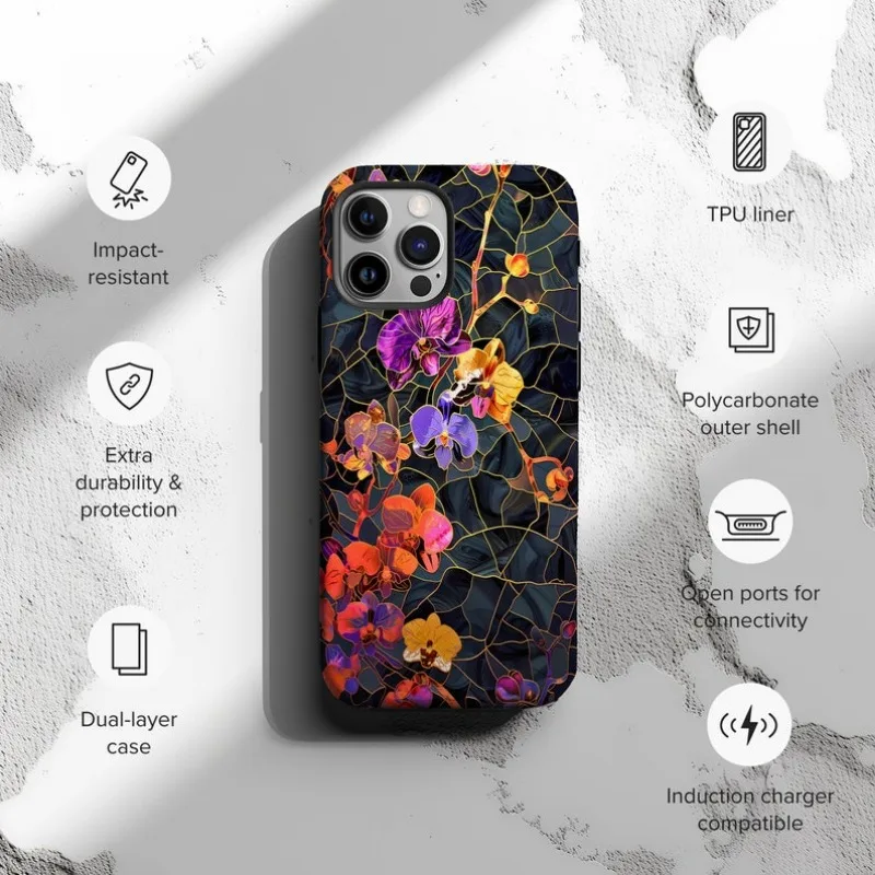 Elegant Floral Stained Glass Phone Case For IPHONE 16 15PRO MAX 14 13 12 11 Acrylic TPU Two in one magnetic Phone Cases