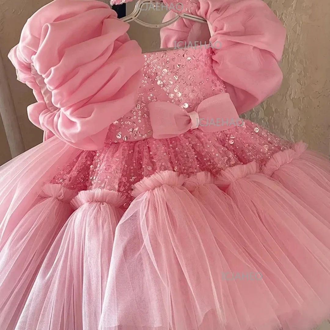 Girls Princess Formal Dress Puff SleeveParty Flower Girl Pageant Children Sequin Puffy Tulle Gown Pink Big Bow For Birthday