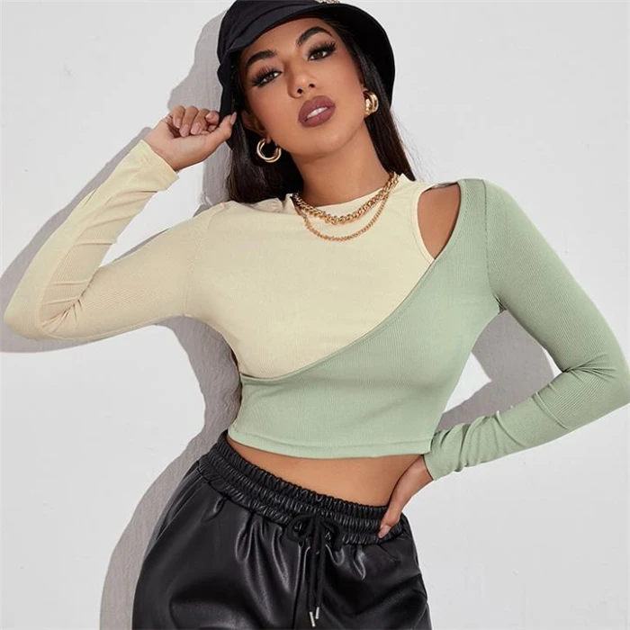 Camiseta corta ort para mujer, camiseta de algodón Street Sle round Ne Hollow out Splice Long Sve Slim Fit, camiseta Faion de otoño irt