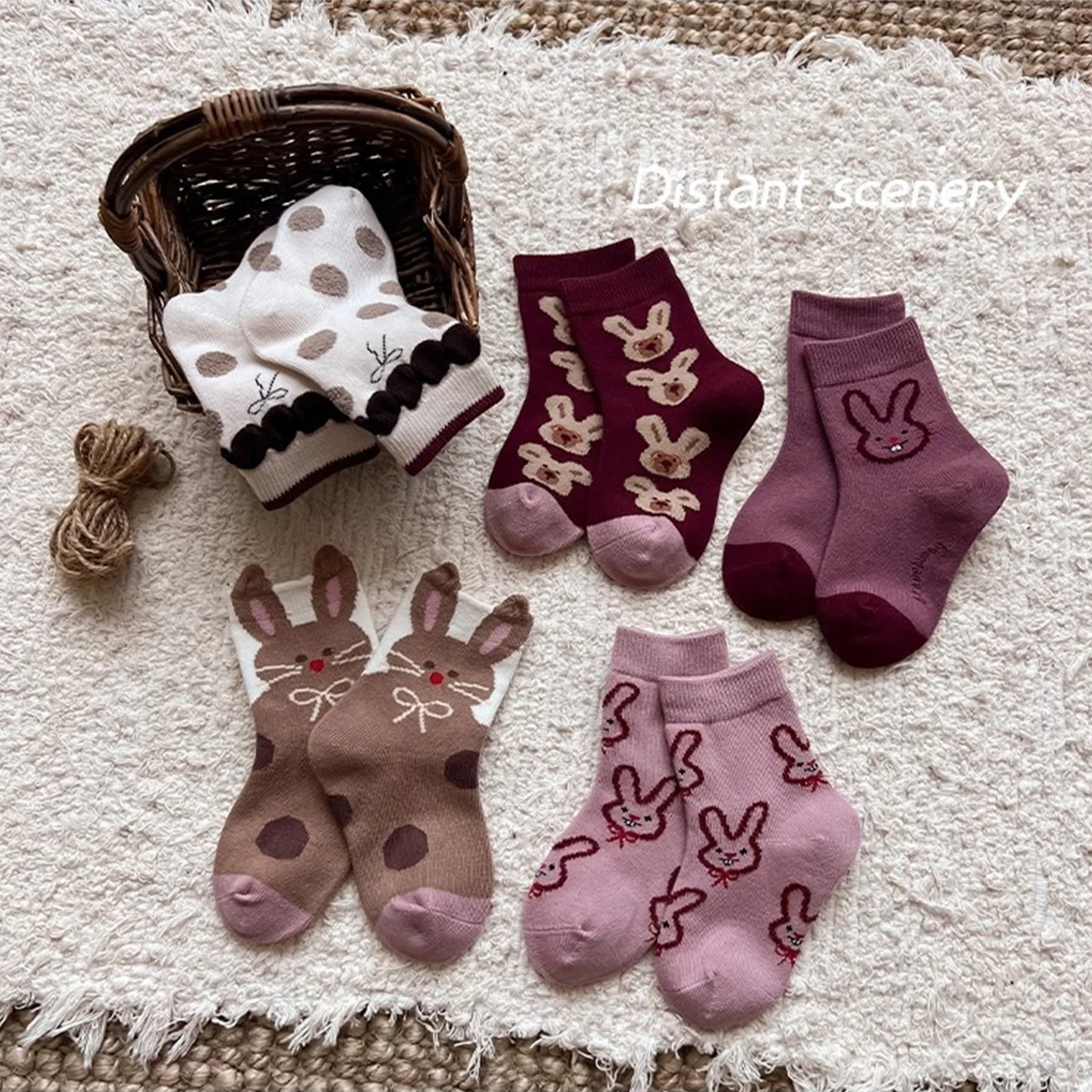 5Pairs Purple Rabbit Girls Cotton Socks Spring Autumn Mid-tube Sock Cute Cartoon Kids Sport Sock Sweat Absorption Breathable Sox