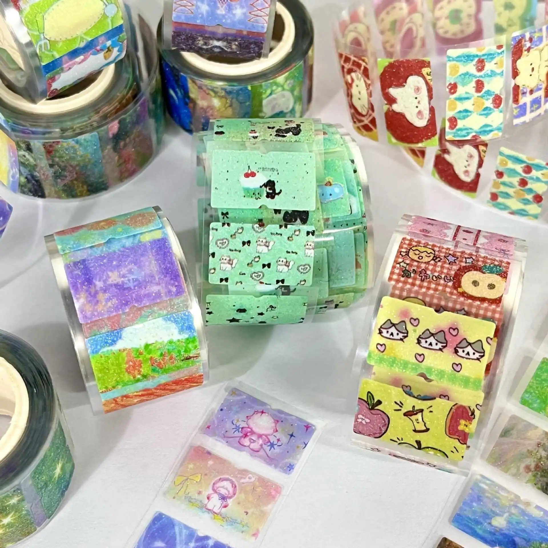 Nuevas pegatinas originales con efecto de arena brillante para diario, rollo de pegatinas con 10 diseños, pegatinas decorativas bonitas para diario.