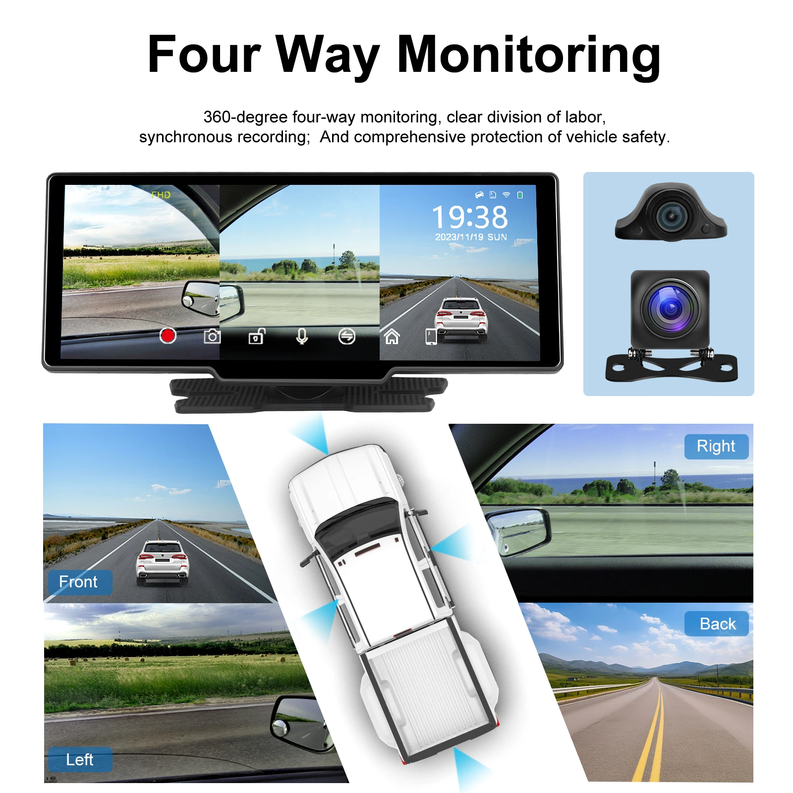 Podofo 10.26inch Car DVR 2.5K Front Camera Dash Cam Front and Rear Three Camera Wireless Carplay Monitor auto Dashboard Monitor