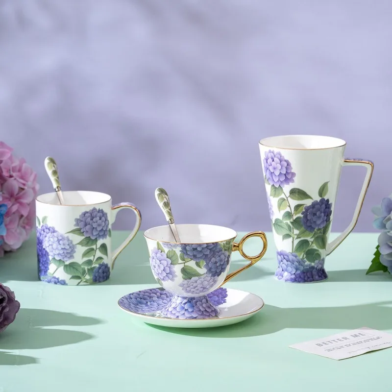 Purple Hydrangea Pattern Bone China Coffee Cup and Saucer set Mug Luxury Beautiful Home Flared Cup for Milk and Cold Beverages