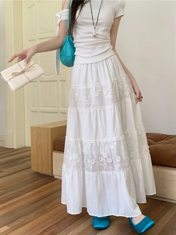 

Sweet Style plus Size Women's High Waist Lace Trim Midi Skirt White Floral Embroidery Spring Summer Fashion Elegant Long Skirt