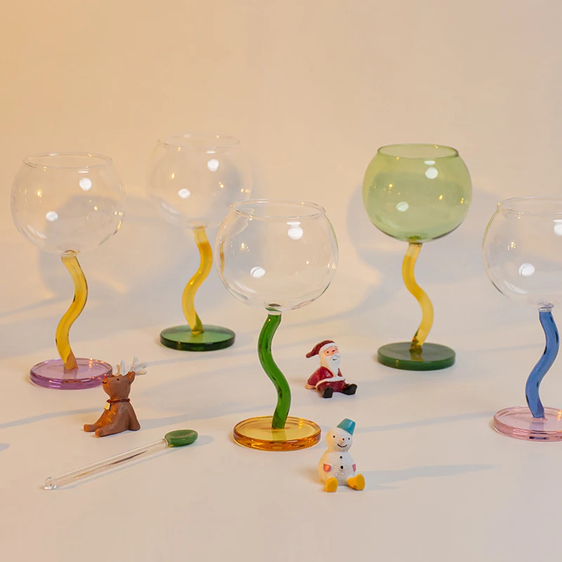 1 Piece Creative Colourful Round Wine Glasses Cup With Twisted Stem Glass Goblet Cups 300ml 10oz Glass