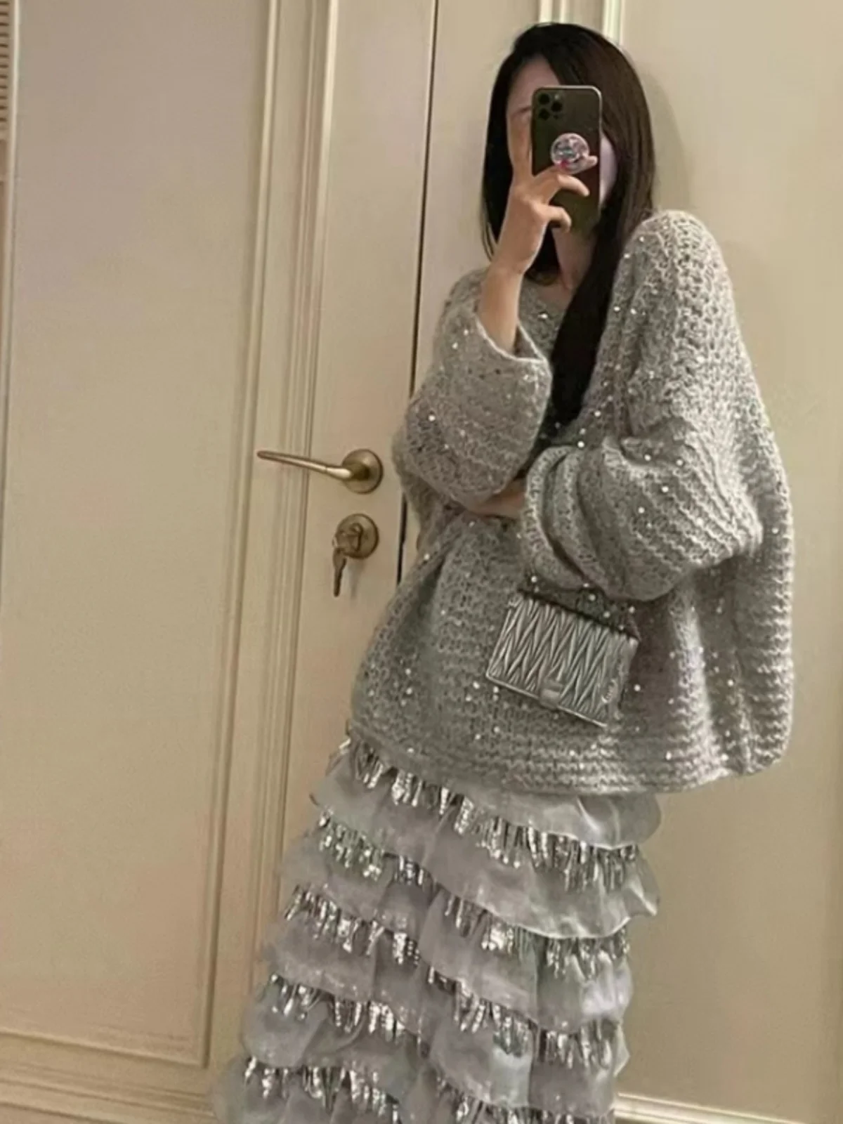 

iny Sparkling Women's Knitted Sweater Long Sve Hollow out One oulder Lazy Sle Loose Fit Autumn Winter New Arrival Top