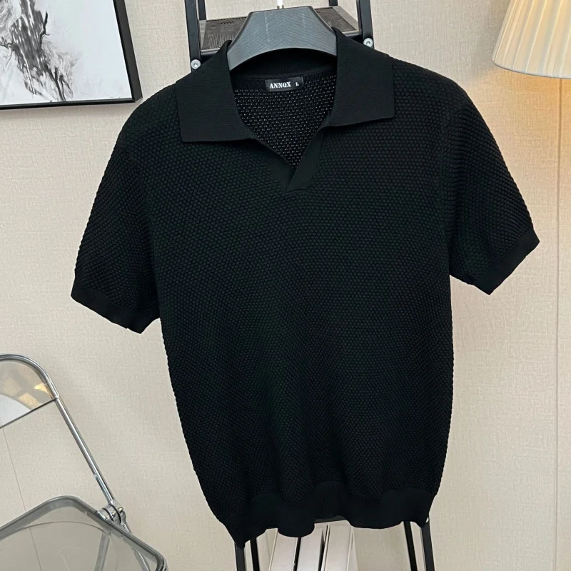 Men'S Short Sleeve Thin Summer Solid Color Knitted Sweater Pullover Pineapple Slimming Knitwear