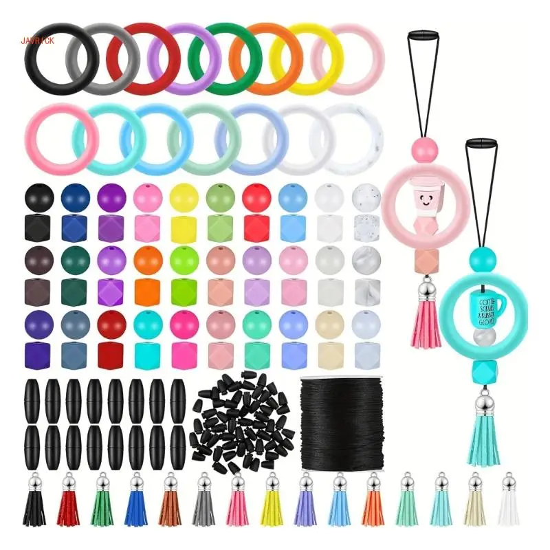 91pcs Beadable O Shaped Circles and Beads for Handmade Crafts 65mm Silicone Rings with 2 Holes Jewelry Making Supplies