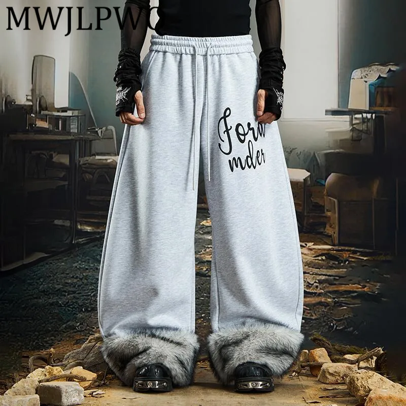 

MWJLPWQ Men's Fur Leg Design Print Male Sweatpants Street Drawstring Loose Wide-Leg Machete Casual Trousers Autumn Winter 12726