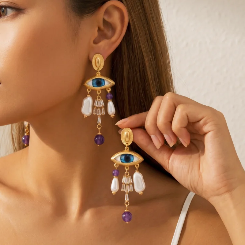 Trendy Evil Eye Tassel Dangle Earrings Imitation Pearl  Crystal Vintage Gold Color Drop Earrings For Women Daily Wear