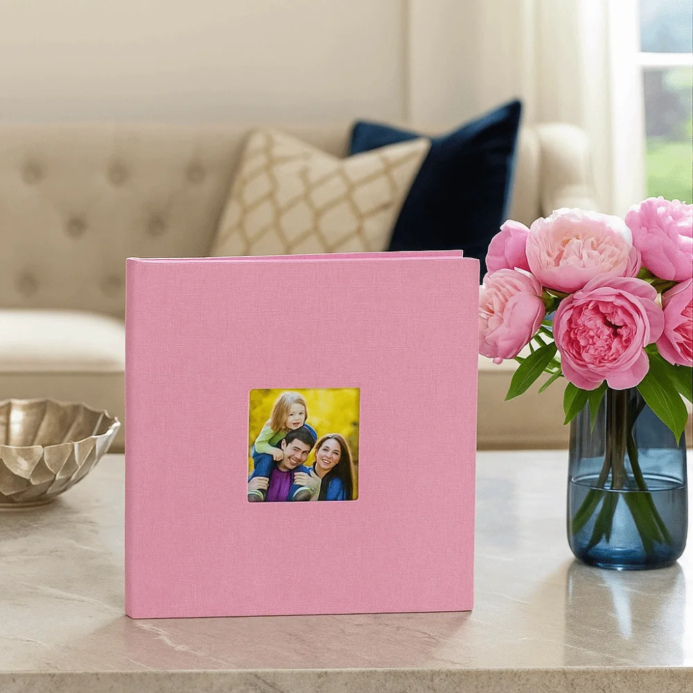 Linen Cover Self Adhesive Photo Album Large Capacity Square Photobook Album with Window 20 Sheets Scrapbook Anniversary