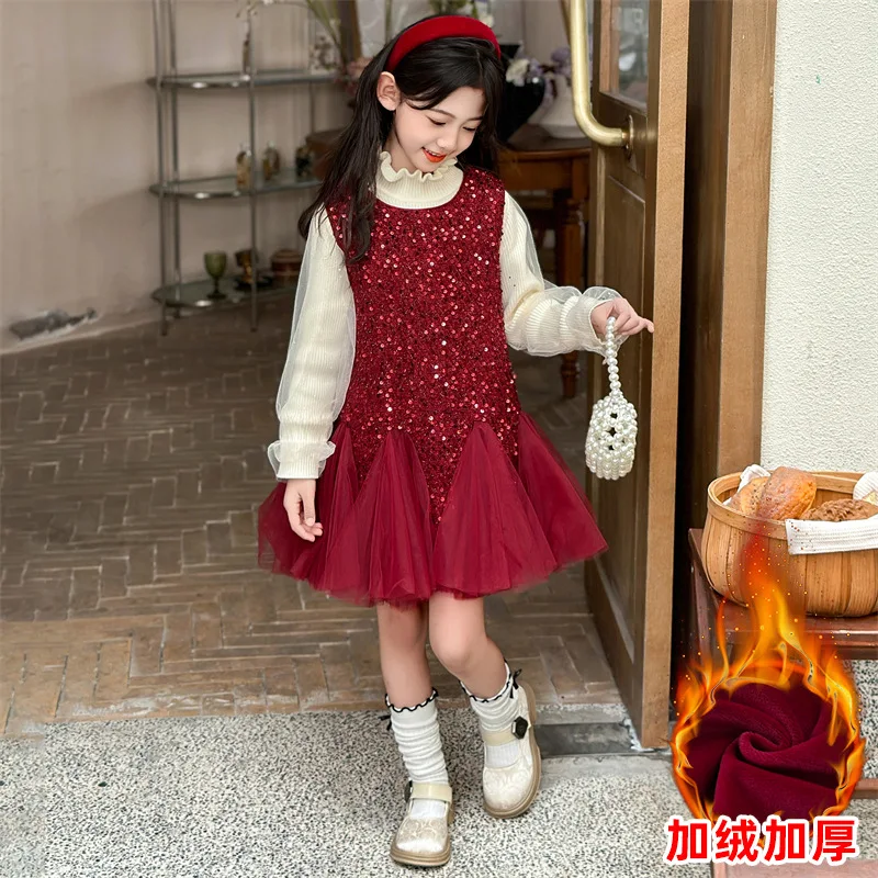 

2024 Girls' Velvet Dress Winter New Collection Children's Red Warm Tank Top Skirt Girls' Sparkling Sweet Performance Dress