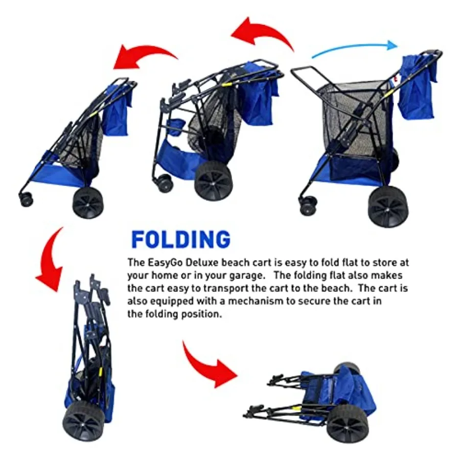 Beach Cart Deluxe Heavy Duty Folding Ocean Utility Large Sand Wheels Holds 4 Folding Chairs Umbrella Holder Removable Storage B