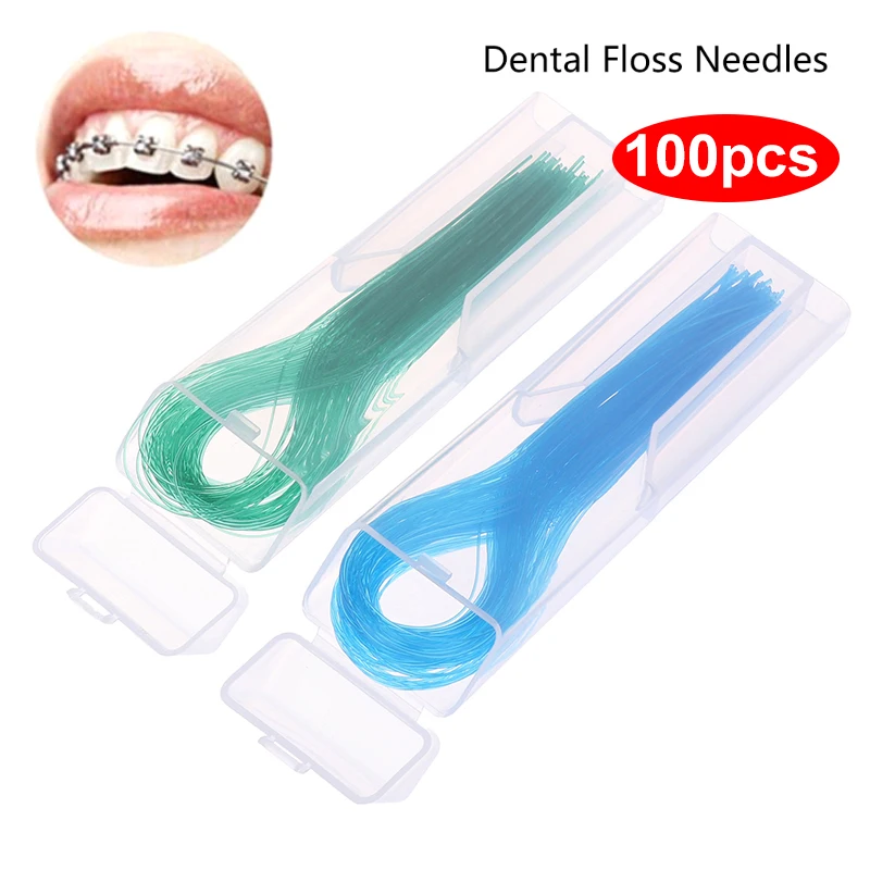 100Pcs/box Dental Floss Threader Dental Traction Line Oral For Crown Brace Bridge Implant Hoop Threading Braces Steel Traction