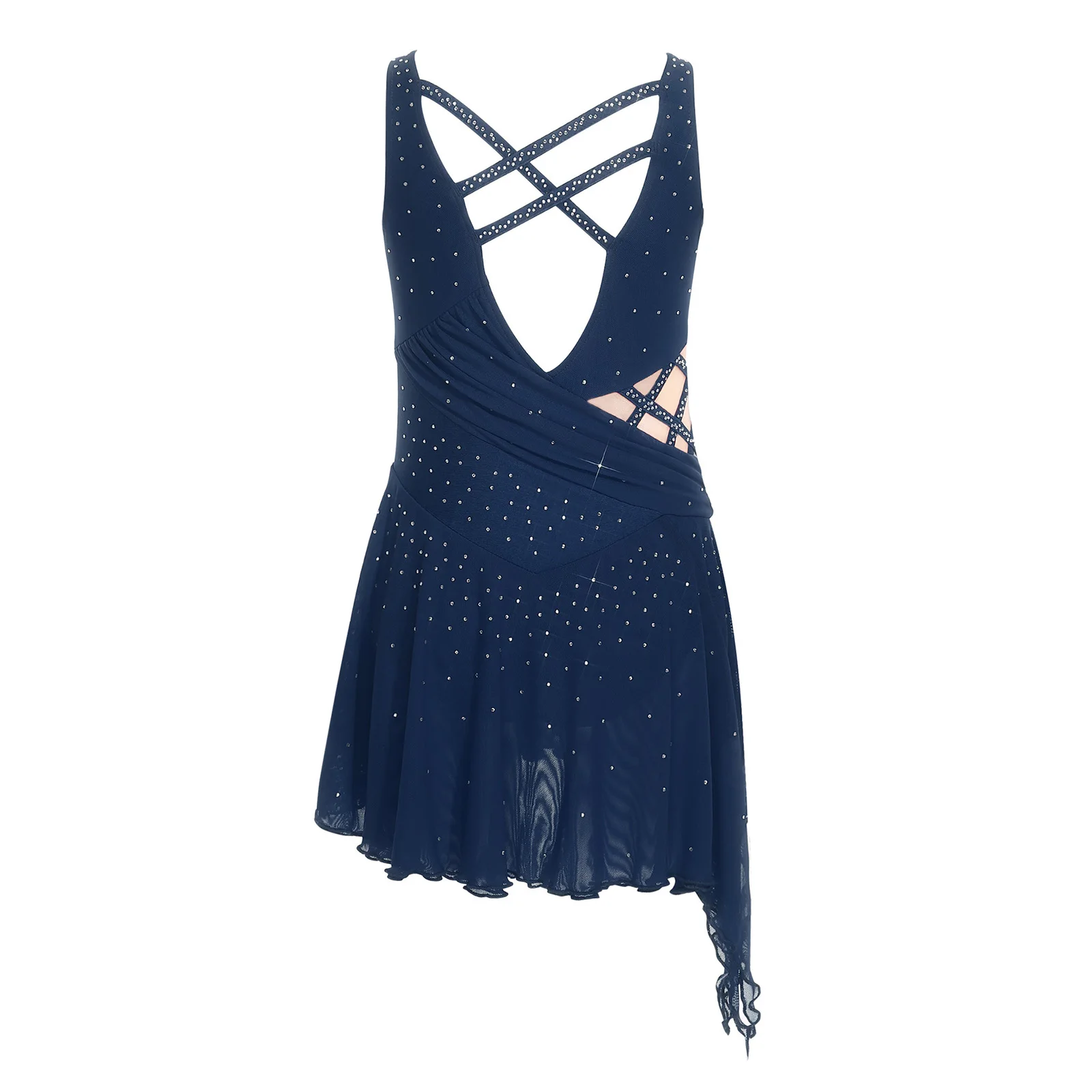 Vestido de baile de salón de Ballet lírico con diamantes de imitación, vestido de malla transparente para niñas, vestido de leotardo de baile de escenario de vals moderno