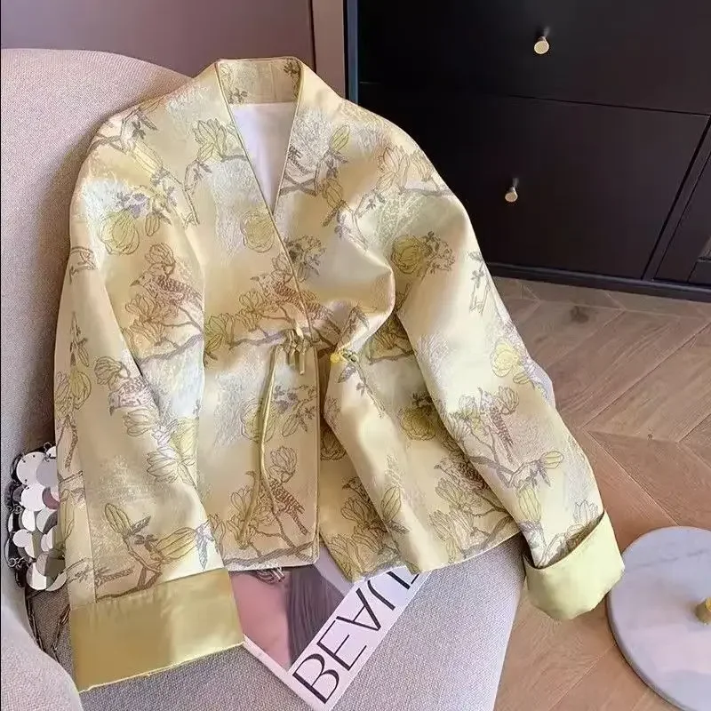New Chinese National Style Print V-neck Single Button Jacket Women 2025 Spring Vintage Korean Casual Elegant Lady Tangsuits Tops