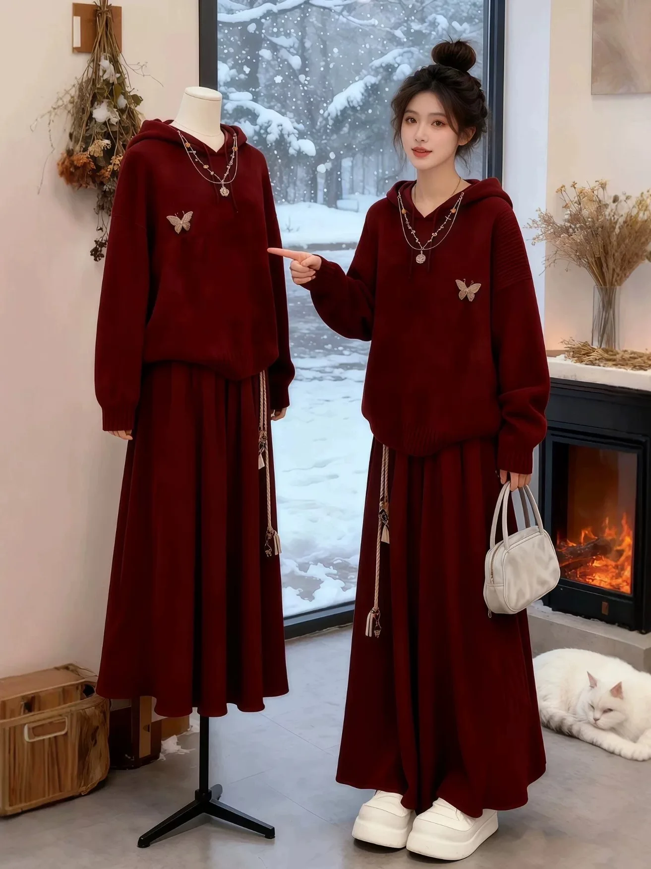 

Red Long Dress Knitted Set Women's Autumn Winter Fashionable Outfit High Waist Loose Fit Korean Style Two Piece Suit