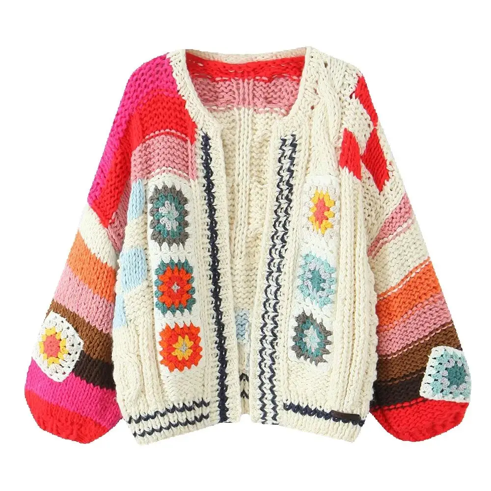 

Autumn and winter new women's clothing ethnic style retro contrasting color all handmade cardigan sweater loose knit jacket