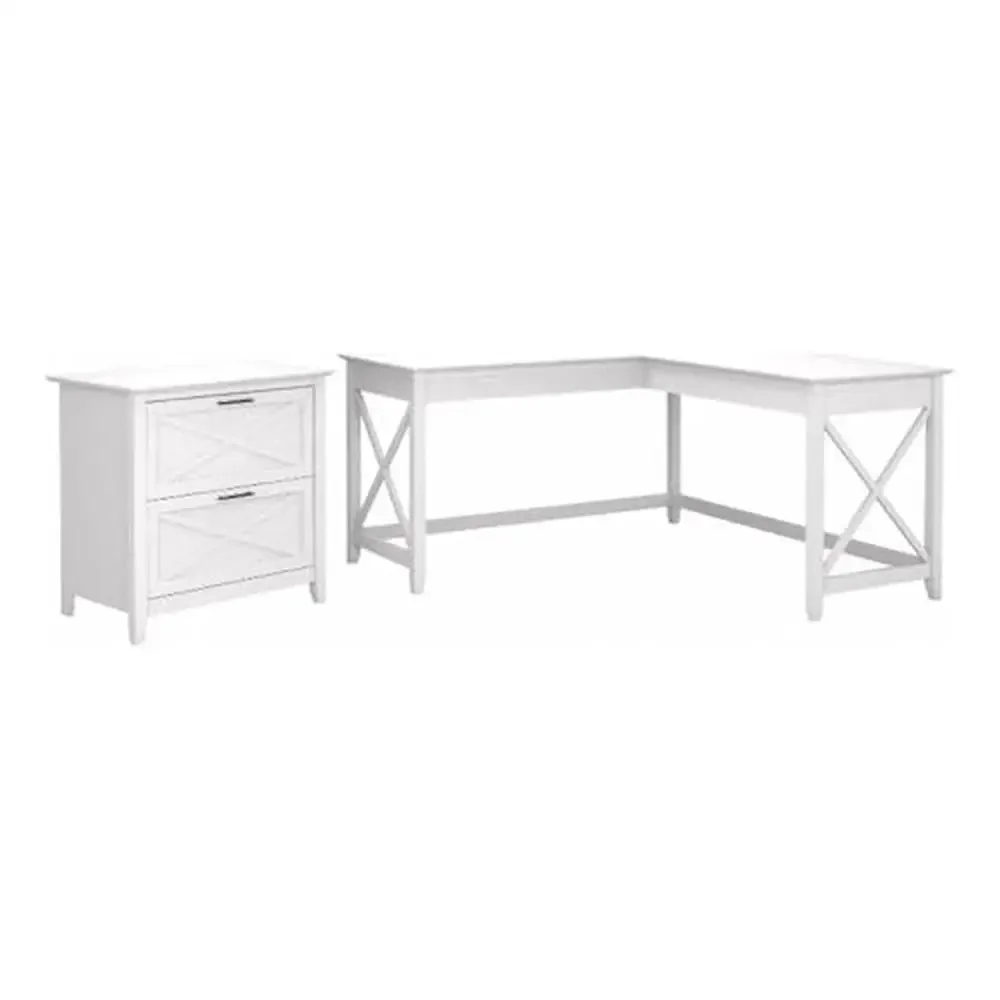 L-Shaped Desk with 2 Drawer File Cabinet Set White Oak Finish X Accents ANSI/BIFMA Certified.